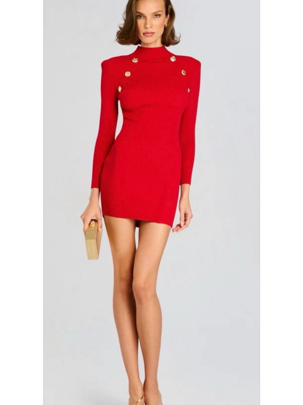 Retrofete Red Ribbed Long-Sleeve Mini Dress with Gold Buttons
